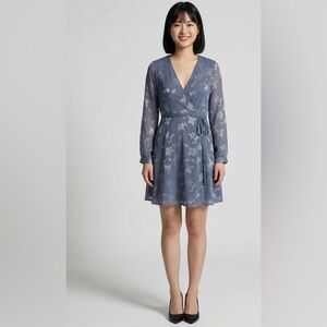 ASTR the Label Aja Formal Burnout Wrap Mini Dress Dust Blue  XS Whimsical